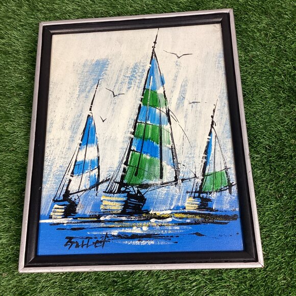 Vintage Mid Century Oil Painting Set Signed Sail Boats - Picture 3 of 16